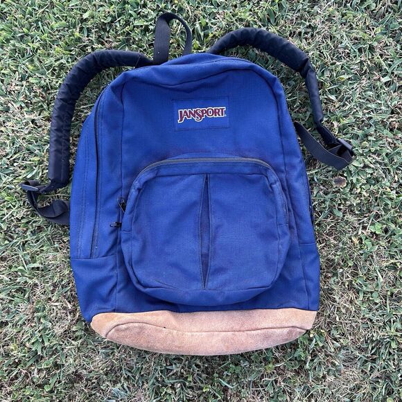 Vintage Jansport Backpack Navy Blue Leather Bottom Made In USA Large Pocket‎